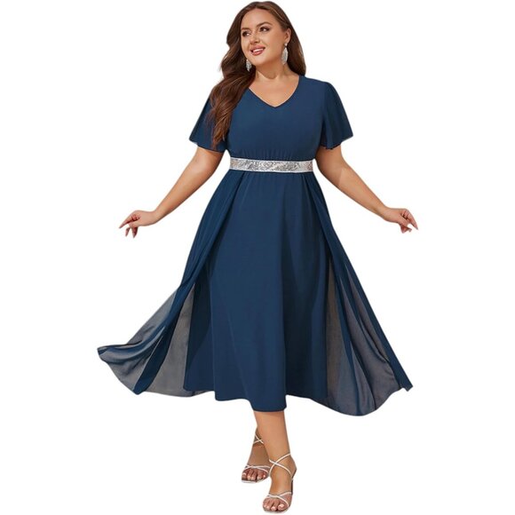 Dresses & Skirts - Women Plus Size Chiffon Formal Evening Gown with Sequins V-Neck 5X